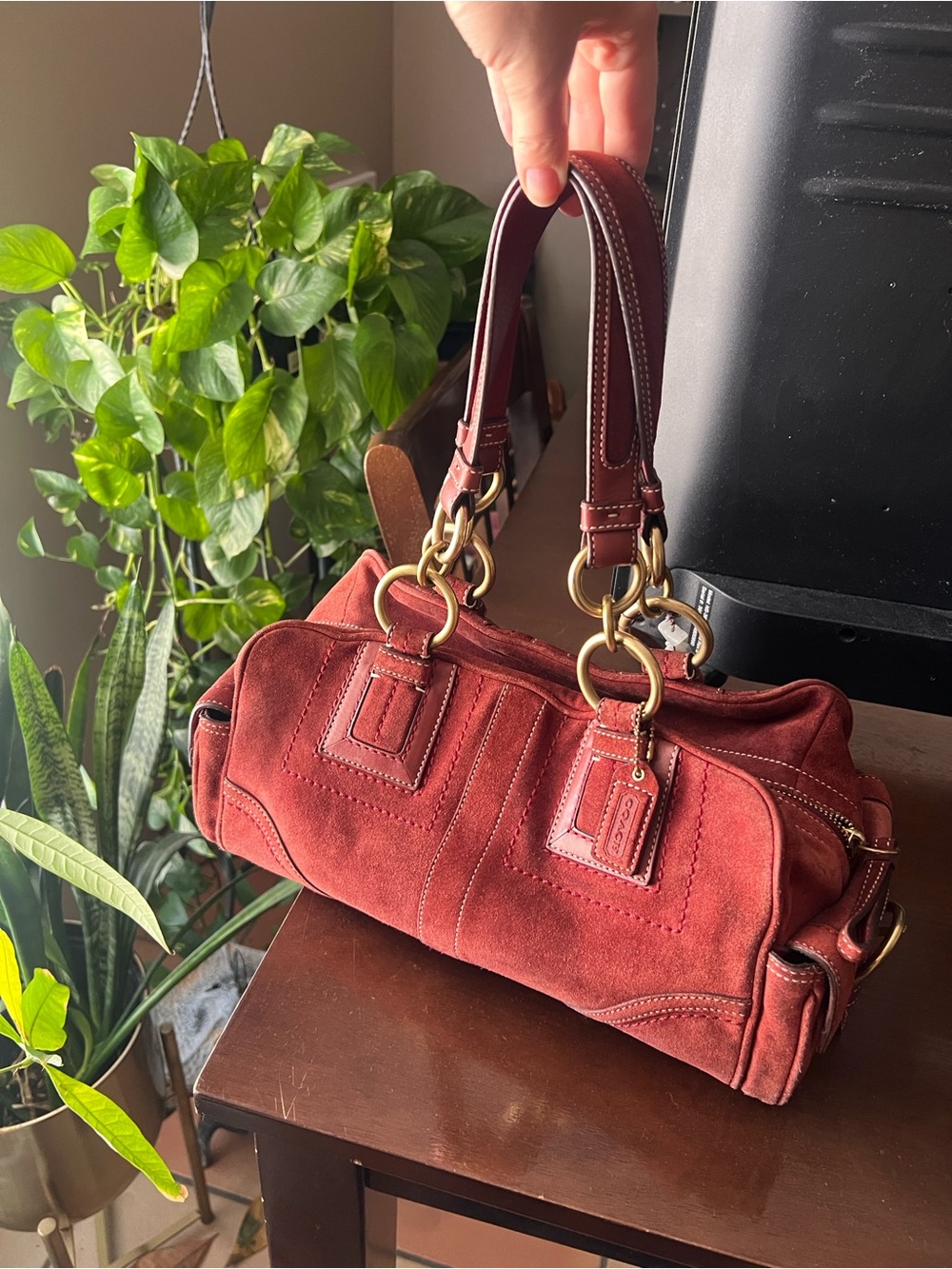 Vintage Coach Burgundy Suede Shoulder Bag with Brass Rings